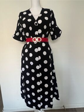 Zara Black and White Polka Dot Midi Dress with Red Belt.